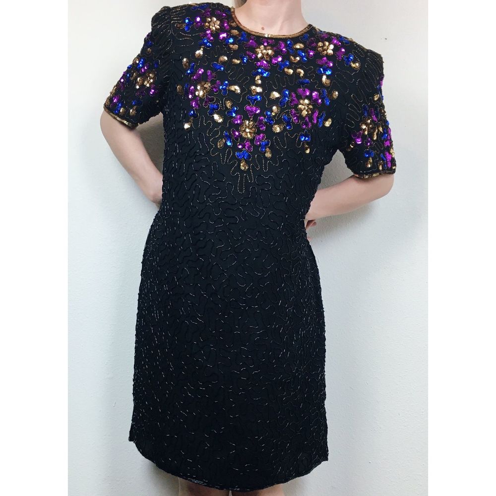 80s Vintage Beaded Sequin Short Sleeve Mini Dress